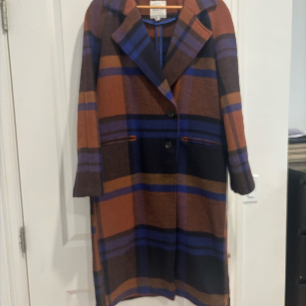 Avec Les Filles Brown and Blue Plaid Open Front Coat - Picture 4 of 4